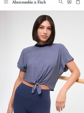 Abercrombie & Fitch Navy and White Striped Tie-Front Crop Top